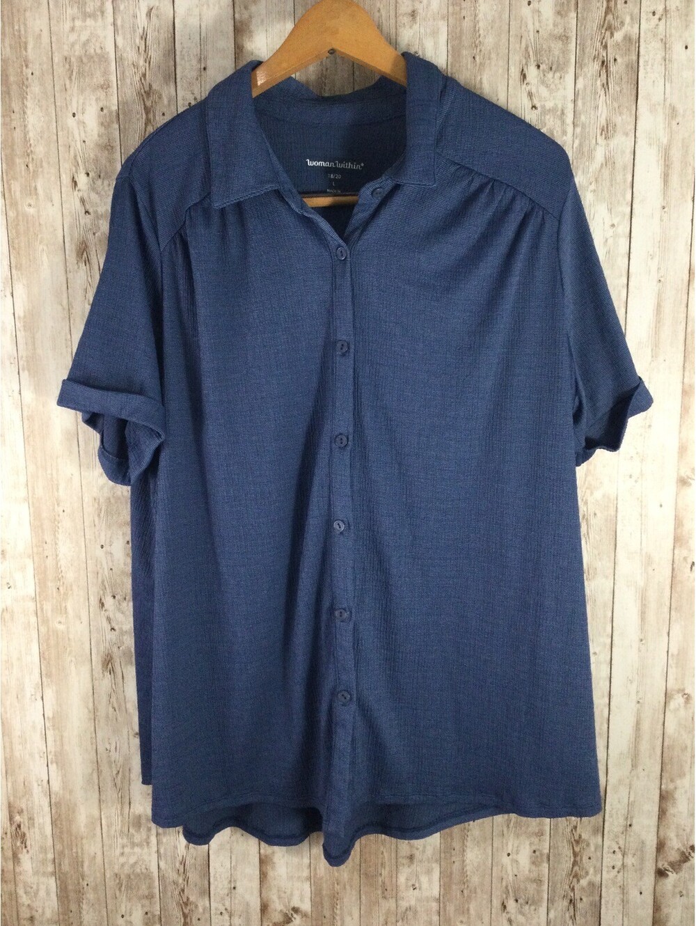Woman Within Plus Top L 18/20 Blue Button Down Textured Short Sleeve Easy Care
